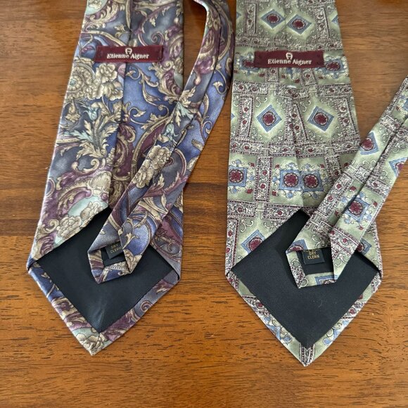 Lot Of 2 Vintage Etienne Aigner All Silk Neckties Floral Geometric Patterns USA - Picture 4 of 15